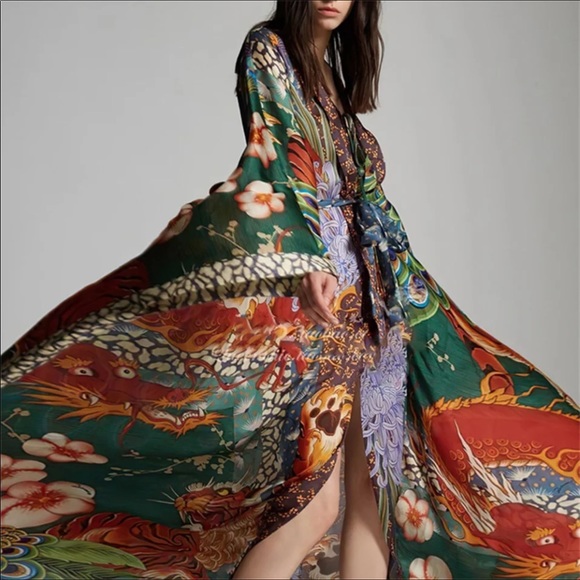Dresses & Skirts - Green Floral & Dragon Print Satin Maxi Kimono Dress